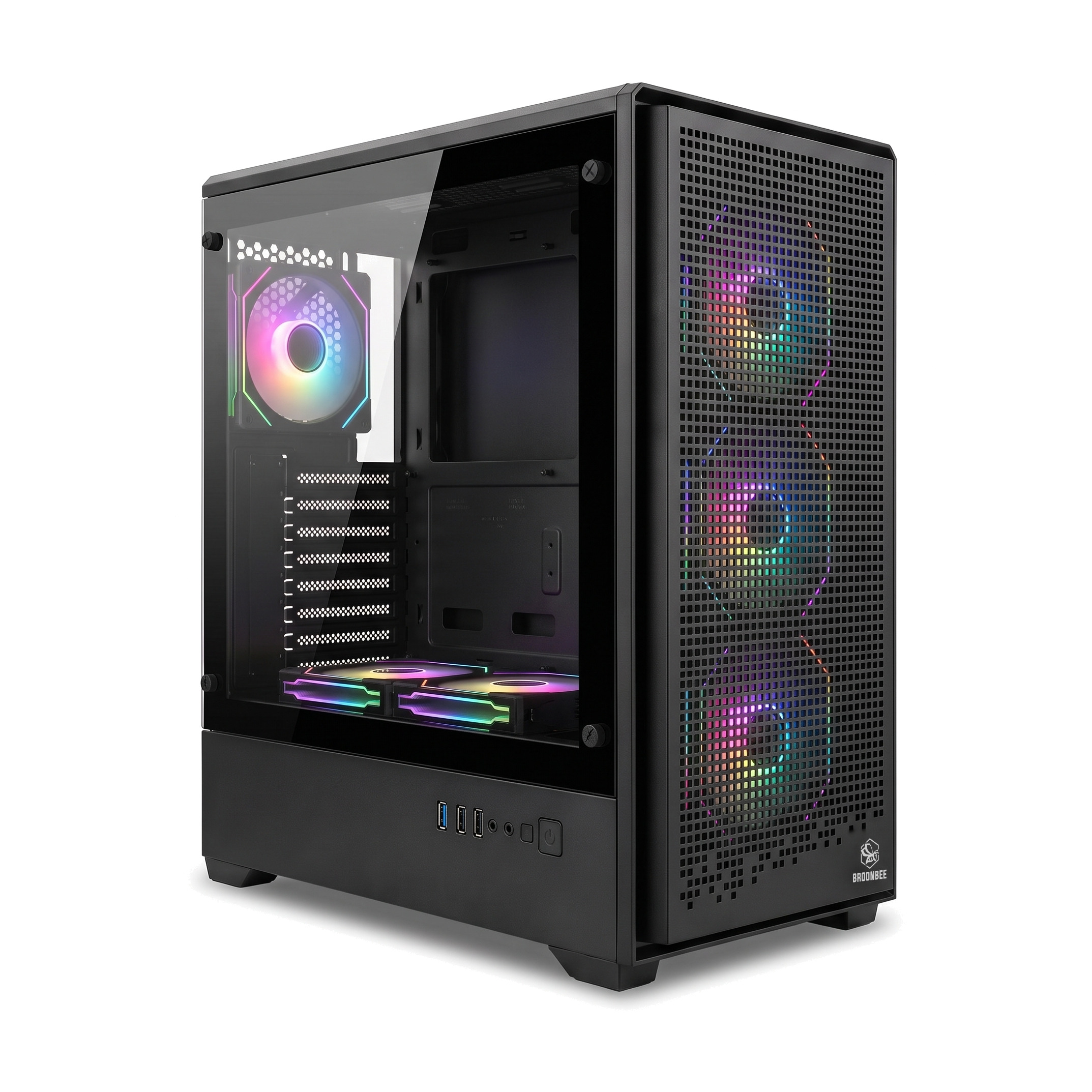 Schwarzes A-3607 Midi-Tower PC-Gehäuse mit sechs vormontierten ARGB-Lüftern