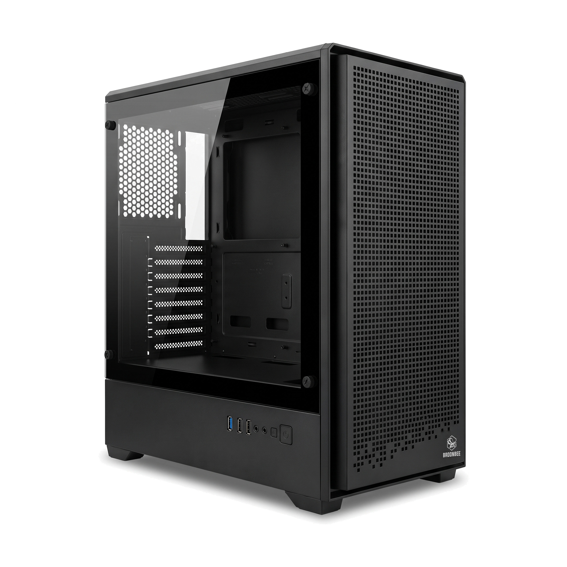 Schwarzes A-3607 Midi-Tower PC-Gehäuse mit luftdurchlässiger Front und Glas-Seitenteil