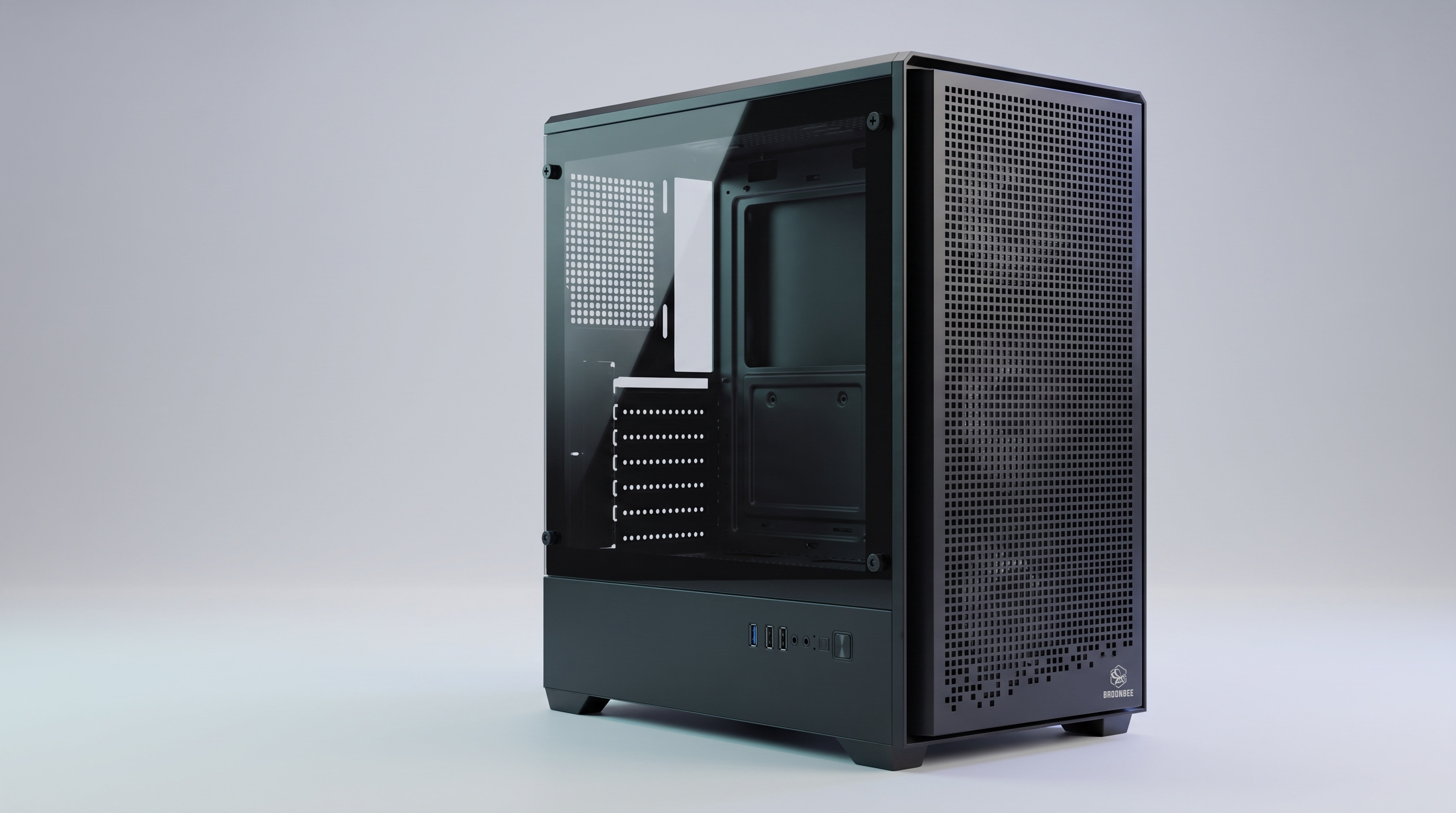 A-3607 PC-Gehäuse in Schwarz mit Mesh-Front und Seitenteil aus Tempered Glass